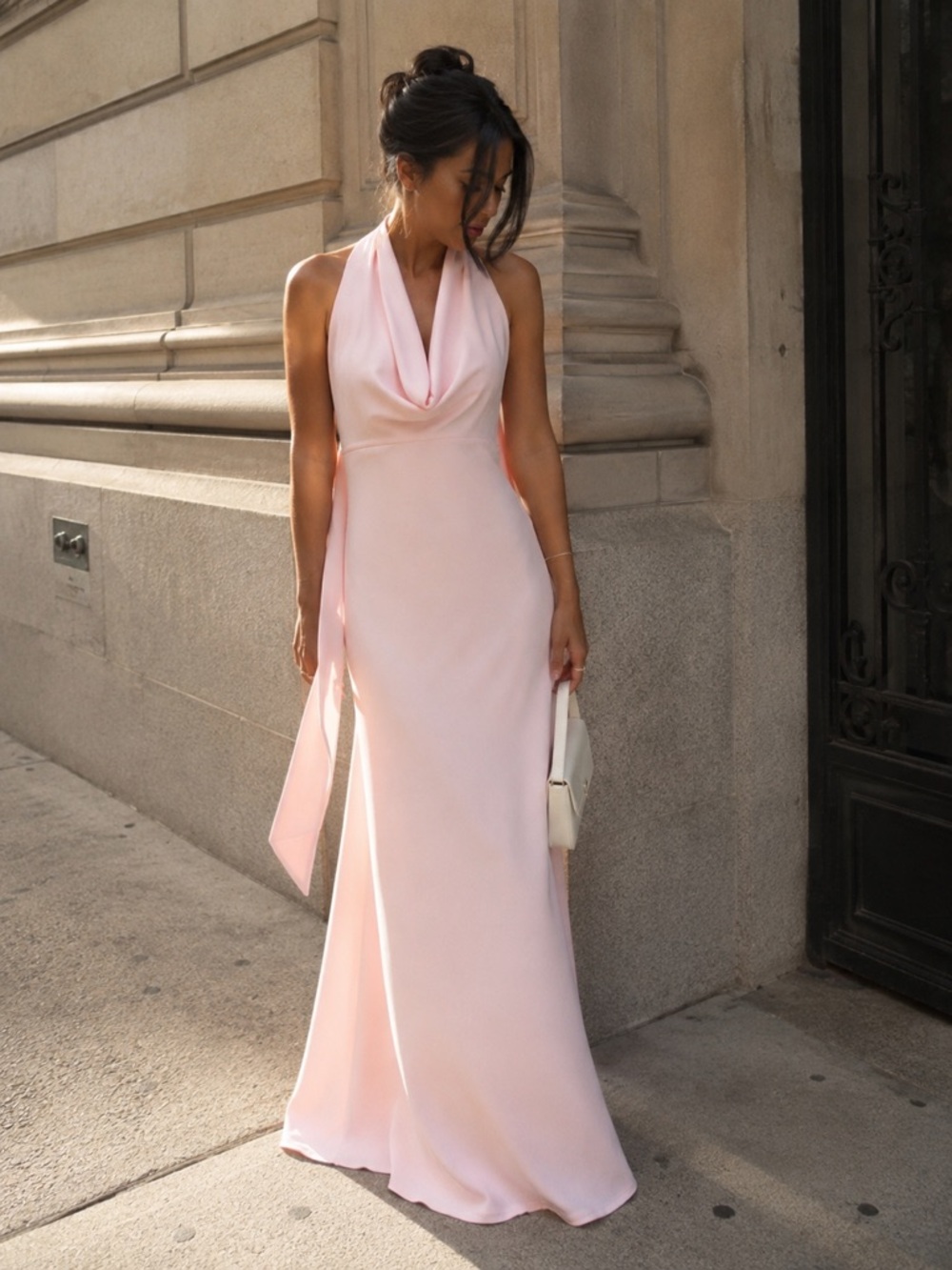 SAU LEE Pearl Cowl Neck Maxi Dress in Pale Pink